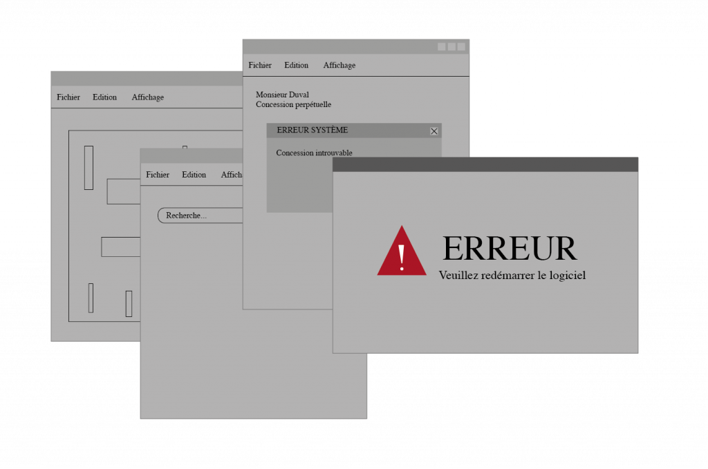 Fenêtres d'erreur superposées illustrant les risques d'erreur d'une gestion non sécurisée